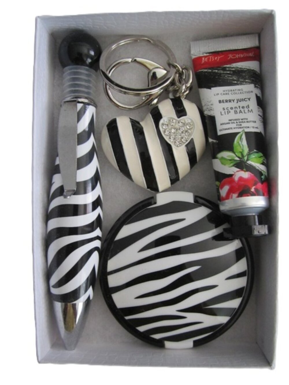 Purse Set Zebra Mirror, Heart Keychain, Ink Pen & Betsey Johnson Lip Balm NEW